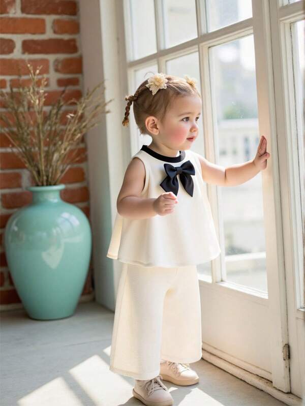 Baby Girls Casual Fashion Elegant Bowknot Sleeveless Top And Pants 2Pc Set, Summer Outdoor