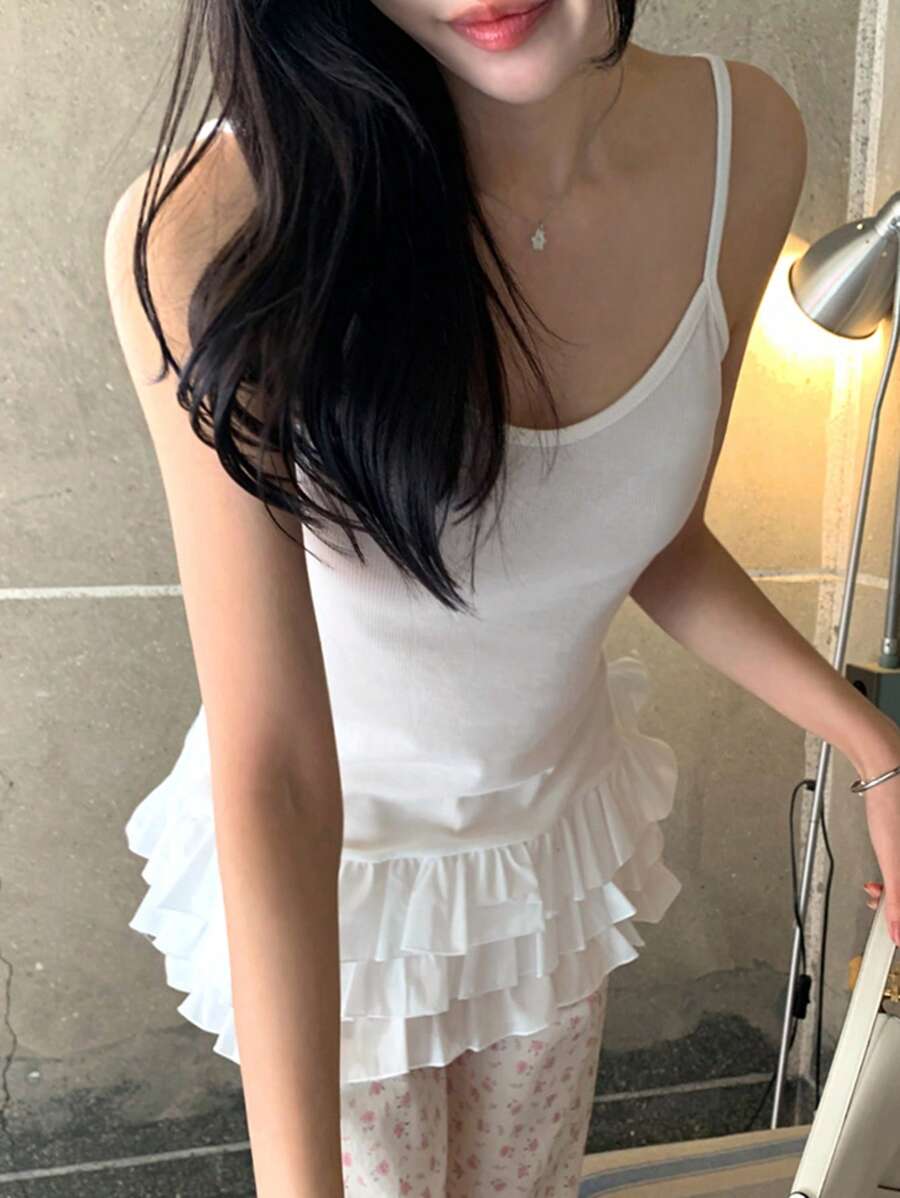 DAZY 女士纯白色荷叶边叠层吊带背心 - 白色 - 查看 1