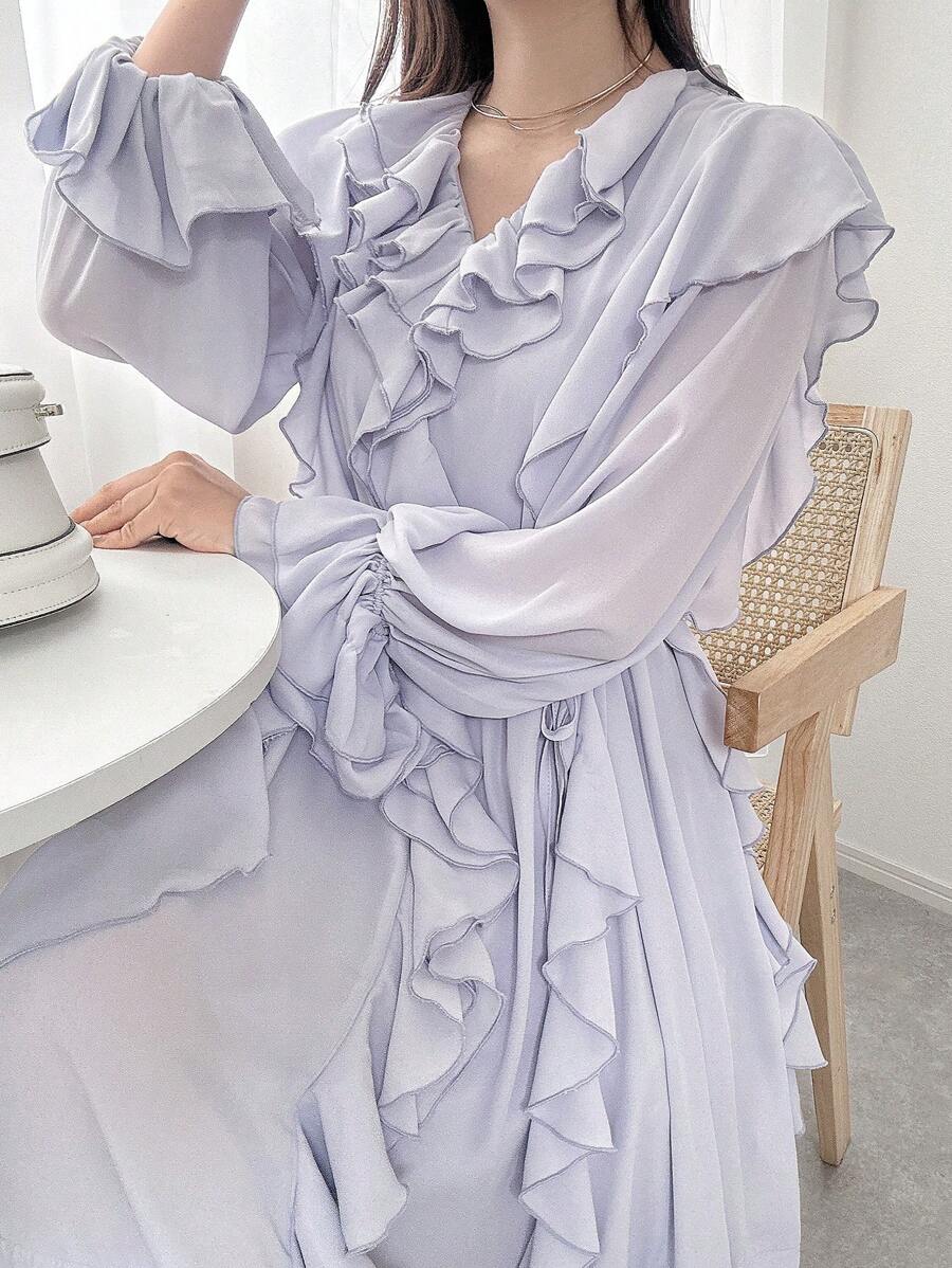 FRIFUL Women's Multi-Layered Ruffle Hem Splice Long Sleeve Flared Sleeve Loose A-Line Sweet Spring/Fall Dress, Suitable For Outdoor/Fall Wear