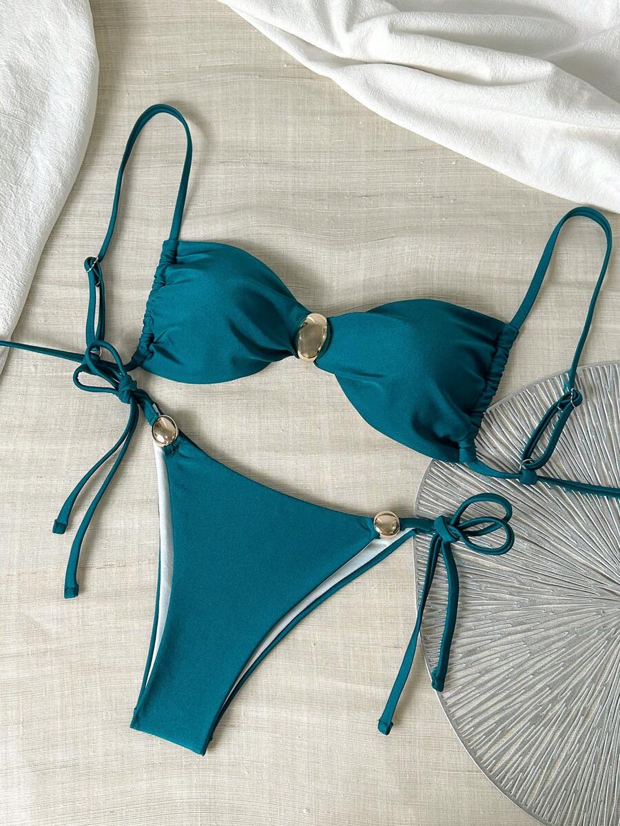 SHEIN Swim 女士夏季度假沙滩金属装饰细肩带比基尼套装 - 水鴨藍 - 查看 1