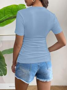 SHEIN Maternity Casual Simple Plain Round Neck Side Ruched T-Shirt, Summer - Baby Blue - View 2