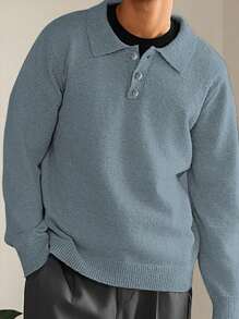 Claim Dot 男士纯色 Polo 领长袖休闲毛衣，秋冬 - 水鴨藍 - 查看 3