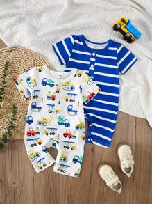 2 Stücke Baby Jungen Sommer Set, Romper mit Kurzarm und Shorts, Auto Aufdruck & blau-weiß gestreift Kombination, lebhafte Optik, geeignet für Outdoor, Komfort zuhause, fröhliche aktive Zeit - Verschiedenfarbig - Übersicht 4