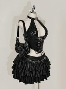 SHEIN ICON 加大码 Y2k 哥特风女式时尚 PU 皮革索环装饰后背系带背心 - 黑色 - 查看 6