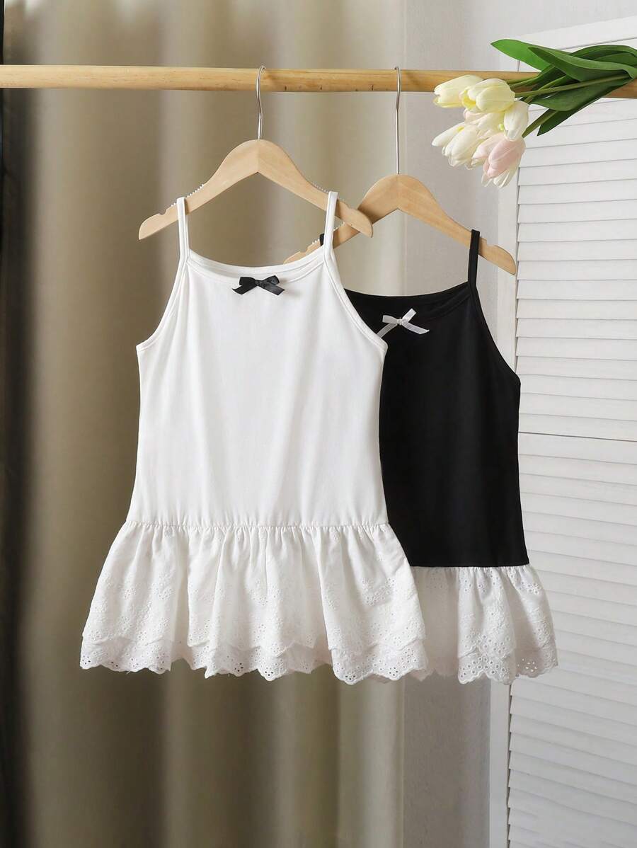 Conjunto de 2 piezas para niña que incluye top de tirantes básico de punto y falda con dobladillo estilo francés vintage con encaje, para primavera y verano