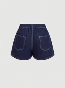 SHEIN MOD Short en jean grande taille, jupe-short ajustée casual en patchwork, jupe-short bleue pour la fête des mères, concert d'été, vacances à la plage, jupe-short mignonne, jupe-short décontractée chic pour femme, jupe-short pour l'aéroport