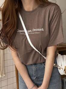 DAZY Kaos Wanita Lengan Pendek Leher Bulat dengan Motif Huruf, Modis untuk Musim Panas - Grey - View 3