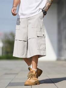 Claim Dot 男士宽松工装口袋阔腿休闲牛仔短裤 - 淺灰色 - 查看 4