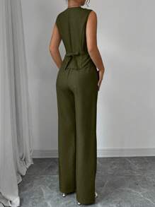 Elenzga Elegantes, modisches Damen-Pendelanzug-Set mit ärmellosem V-Ausschnitt, geraffter Taille, Rückenbindung und Gerades Bein-Hose