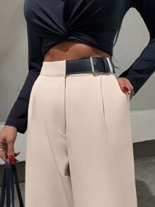 SHEIN Tall Pantalón de corte recto con detalle de cinturón de media piel sintética, estilo elegante
