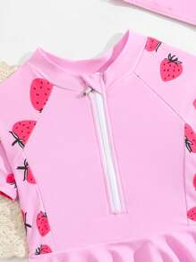 SHEIN 2pcs Baby Girl Ruffled Mermaid Scale Print Cap Sleeve Top And Swim Trunks Swimsuit Set (With Hat) - Pink - View 3