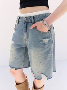 LYSMO Pantaloncini di jeans casual e morbidi da donna con decorazioni di strass, tasche e frange sul bordo