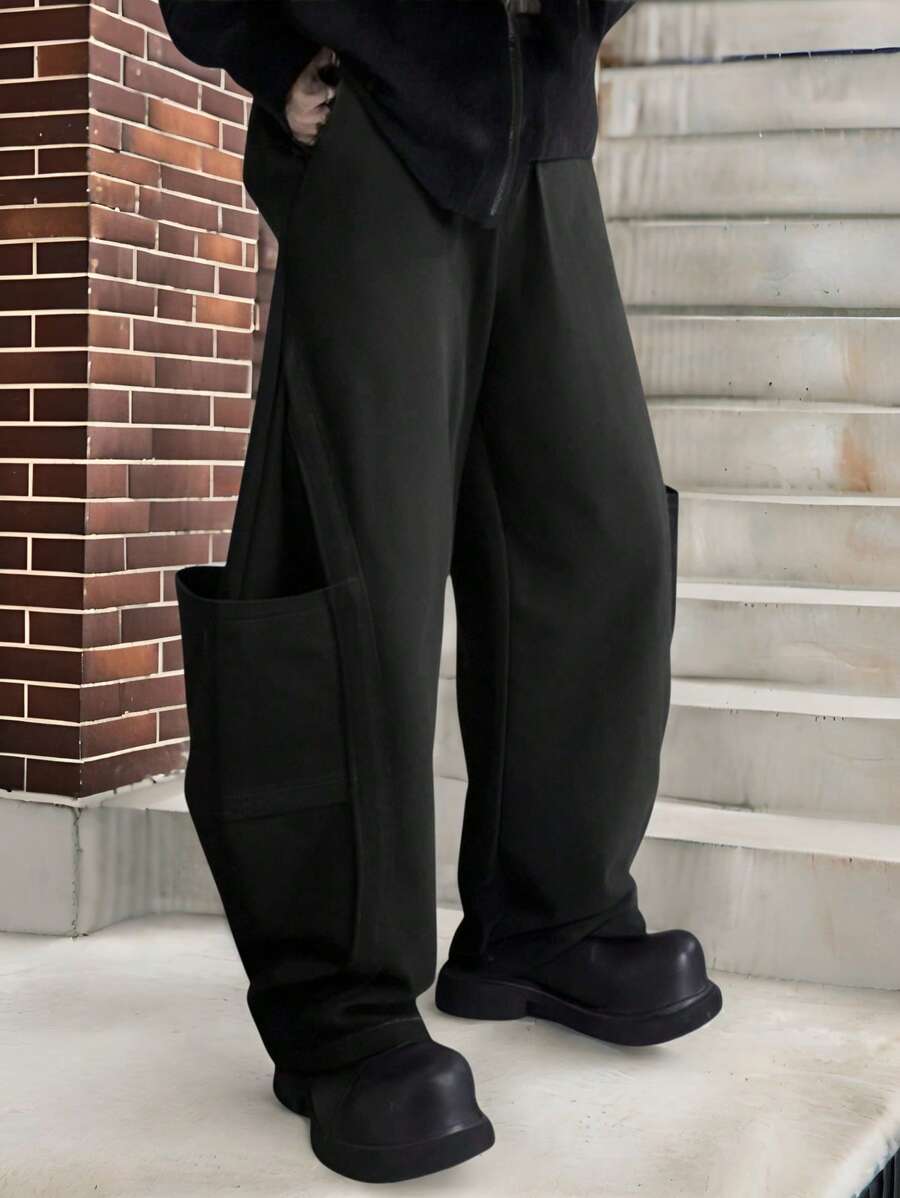 Manfinity Hypemode Men's Solid Color Large Pocket Wide Leg Loose Casual Pants Wide Leg Men Pants Pants For Men Baggy - Black - View 1