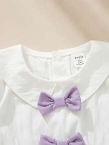 SHEIN Girls' Casual Solid Color Woven Collared Puff Sleeve Bow Decor Regular Fit Fashionable School Style Blouse - White - View 4