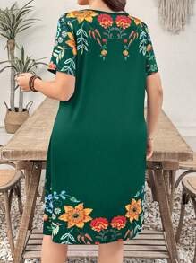 EMERY ROSE Vestido mini de vacaciones con estampado de plantas y manga corta, talla grande para mujeres - Verde - Ver 2