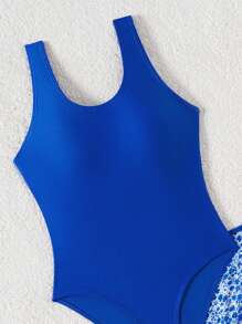 女童热带植物印花网眼裙式连体泳衣