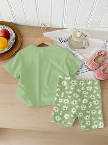 SHEIN Baby Girl Casual Minimalist Crew Neck Short Sleeve T-Shirt And Skinny Shorts Set, Suitable For Spring And Summer