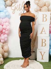 Loomaby Maternity Solid Color Ruched Off Shoulder Short Sleeve Fitted Elegant Dress - Black - View 3