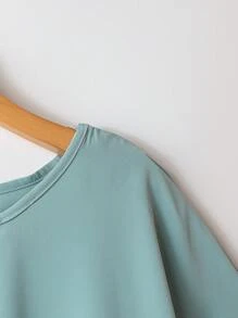 Rusticease Women Solid Color Round Neck Short Sleeve Top And Flower Print Wide Leg Pants Set For Summer Two Pieces Outfits Linen Cute Summer Top  Streetwear Women  European Summer Women's Summer Clothes - Teal Blue - View 5