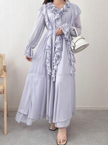 FRIFUL Women's Multi-Layered Ruffle Hem Splice Long Sleeve Flared Sleeve Loose A-Line Sweet Spring/Fall Dress, Suitable For Outdoor/Fall Wear