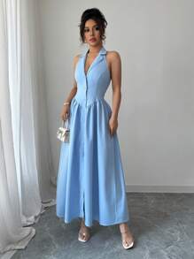 Elenzga Women's Elegant Casual Sexy Commute Romantic Vacation Solid V-Neck Open Front A-Line Hem Ruched Backless Dress, Spring/Summer - Blue - View 4