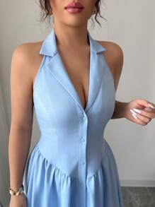 Elenzga Women's Elegant Casual Sexy Commute Romantic Vacation Solid V-Neck Open Front A-Line Hem Ruched Backless Dress, Spring/Summer - Blue - View 5