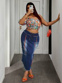 SHEIN CURVE+ Váy Maxi Denim Thời Trang Cho Nữ Cỡ Lớn Thiết Kế Thắt Eo Viền Tua Rua - Màu xanh lam - Xem 3