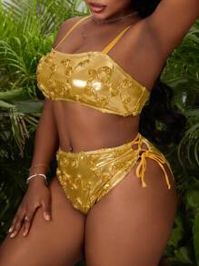Slaydiva 2pcs Plus Size Women Metallic Pu Rose Decor Camisole + Backless Sports Bra Tankini Swimsuit, Fashion Beach Holiday