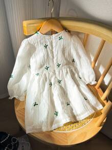 SHEIN Baby Girls' Elegant Long Sleeve Dress With Bow Embroidery, Made Of Tencel Fabric, For Autumn/Winter - Multicolor - View 3