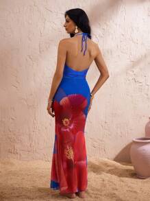 Swim Oasis Women Solid Triangle Spaghetti Strap Front Shirred Backless Slit Hem Printed Two Pieces Swimsuit For Summer Beach Vacation