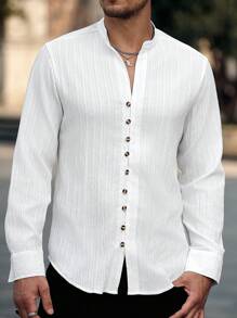 Manfinity RelaxMax Camisa casual de manga larga con textura y botones delanteros para hombres