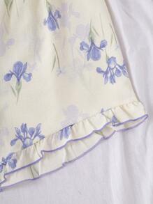 2pcs/Set Teenage Girls Minimalist Floral Print Contrast Color Ruffle Short Sleeve Shorts Pajama Set, Spring/Summer Home Wear - Apricot - View 7