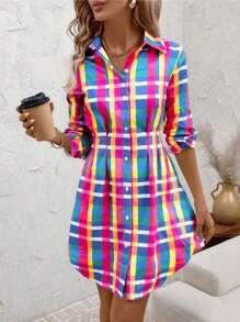SHEIN Clasi Women's New Fashion Color Plaid Print Shirt Dress For Commute, Work, Street, Dating Outfit São João 2025 Dresses For Women Summer Dresses For Women Graduation Dress,Bohemian Clothes
