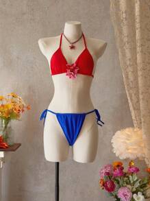 Bellisia Women's Red Halter Neck Top And Blue Knotted Triangle Bikini Set With Red Floral Print Round Neck Vest For Summer Beach Vacation - Multicolor - View 2