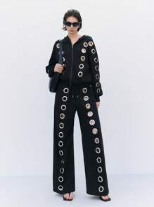 LYSMO 男女通用时尚前卫索环设计宽松阔腿运动裤 - 黑色 - 查看 6