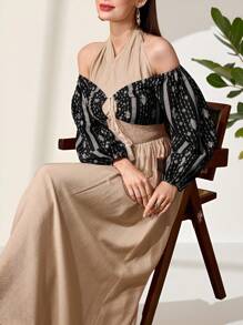 Al Najma 女士优雅拼布印花露肩灯笼袖收腰连衣裙 - 黑色 - 查看 2