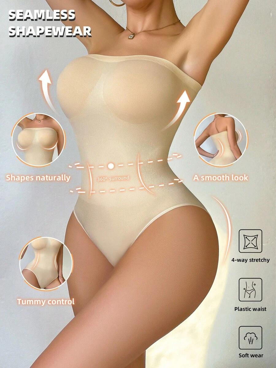 SHEIN 女式夏季纯色弹力无缝连体衣 - 米色 - 查看 1