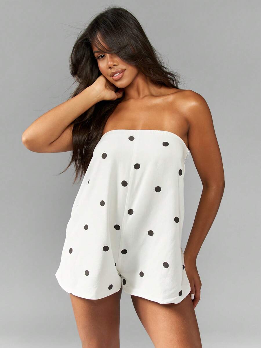 MISSGUIDED 无肩带波点连体衣亚麻质感夏季沙滩连体裤带口袋休闲度假装宽松度假装 - 黑與白 - 查看 1