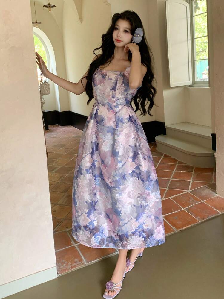 Women's Floral Print Square Neck Sleeveless Midi Dress, Elegant Cruise Outfit For Women Cocktail Dress