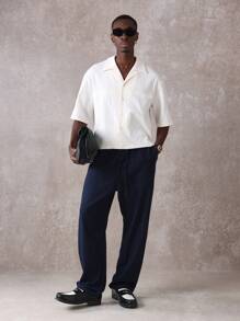 SUMWON Linen-Look Loose Fit Drawstring Pants, Breathable Comfort Casual Trousers, Perfect For Spring Summer Loungewear, Relaxed Wide Leg Silhouette - Navy Blue - View 3