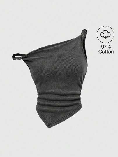 J-Fashion Canotta asimmetrica con nodo, colore tinta unita, lavaggio acido, per taglie comode, adatta per festival musicali