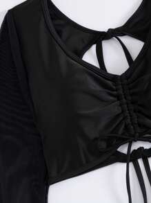 SHEIN Swim Neue Damen einfarbiges Mesh transparentes gefranster plissierter Kordelzug Bindeband Vorderteil Langarm Tiefer V-Ausschnitt modischer sexy eleganter Strandbadetop