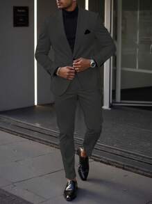 Manfinity Mode 男士立领单扣长袖西装外套和裤子套装，适合商务穿着 - 黑色 - 查看 3