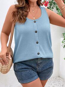 SHEIN VCAY Plus Size Summer Casual Solid Color Front Button Tank Top - Baby Blue - View 5