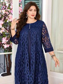 Lacomfia 大码休闲蕾丝圆领七分袖宽松常规夏季连衣裙