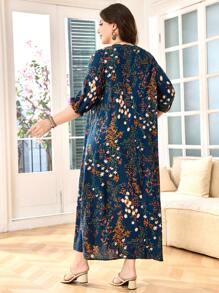 Lacomfia Plus Size Women's Floral Print Long Lantern Sleeve Ruffled Hem Arabic Style Dress Fall - Multicolor - View 2