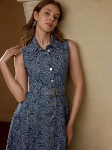 MOTF PREMIUM ALL OVER PRINT BUTTON UP DENIM DRESS - Medium Wash - View 3