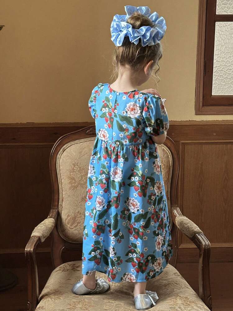 Young Girl All-Over Floral Print Casual Loose Crew Neck Dress,Girls Summer Outfits