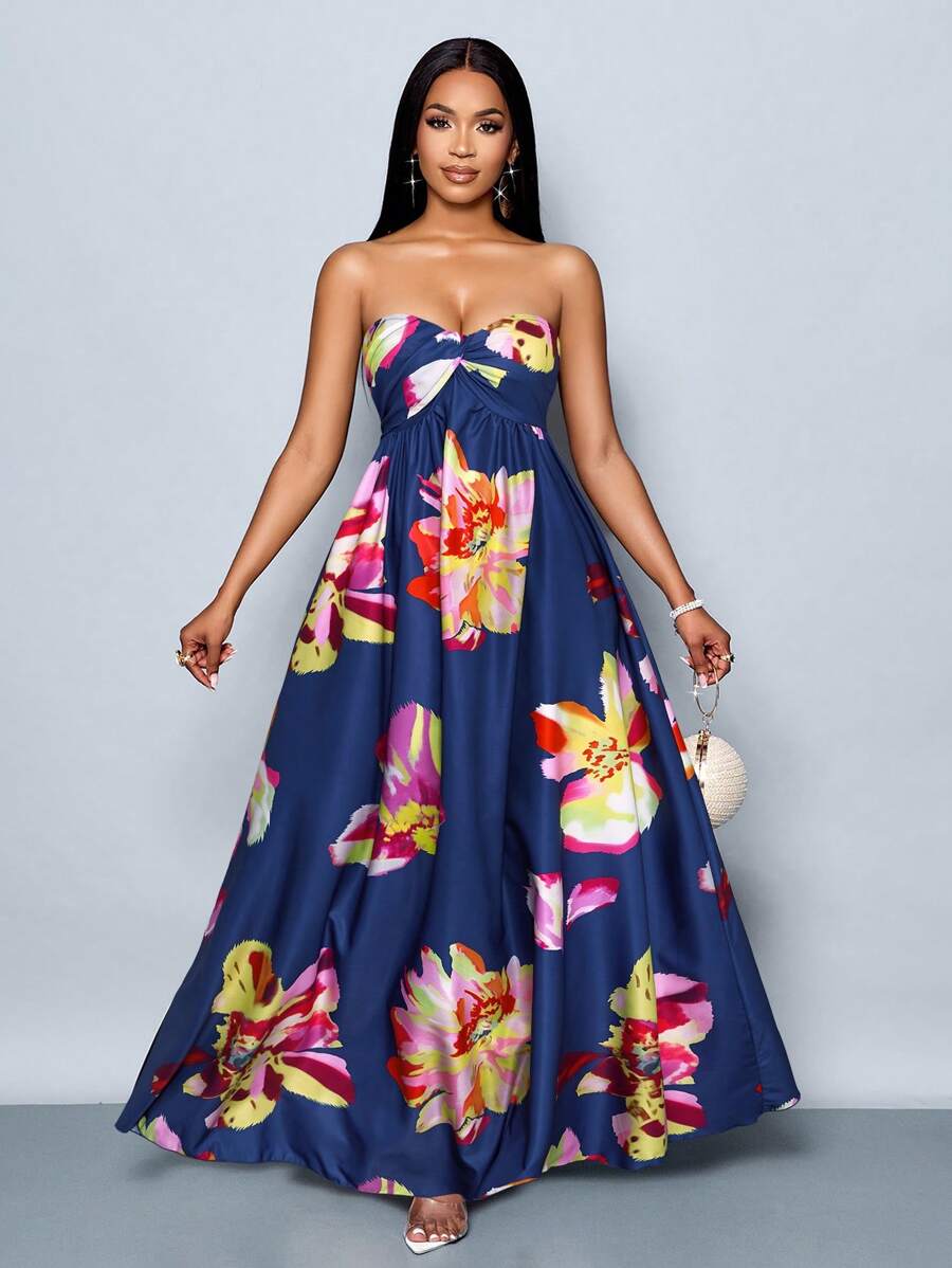 SOLERSUN Women's Spring/Summer Floral Print Romantic Beach Vacation Ruched Ruffle Hem Tube Long Dress (Random Floral) - Navy Blue - View 1