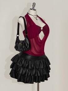 SHEIN ICON 加大码女式纯色 Y2K 节日性感外出网眼露背镂空心形水钻装饰背心